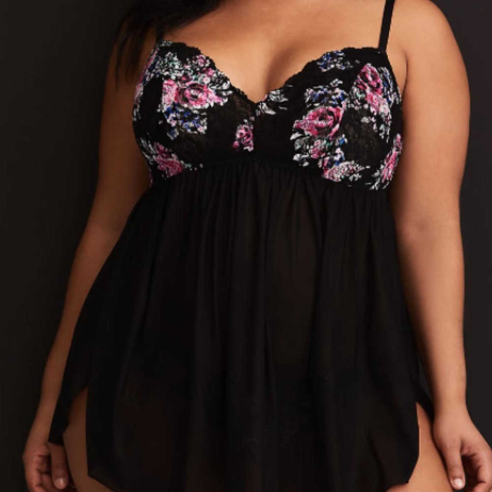 Black Floral Lace & Mesh Babydoll Chemise